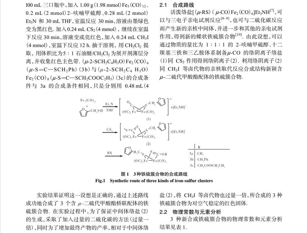 含二硫代甲酸酯配体铁硫簇合物的合成与表征