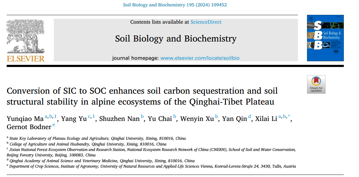 文献解读| 无机碳（SIC）向有机碳（SOC）的转化增强了青藏高原高寒生态系统的土壤固存和土壤结构稳定性