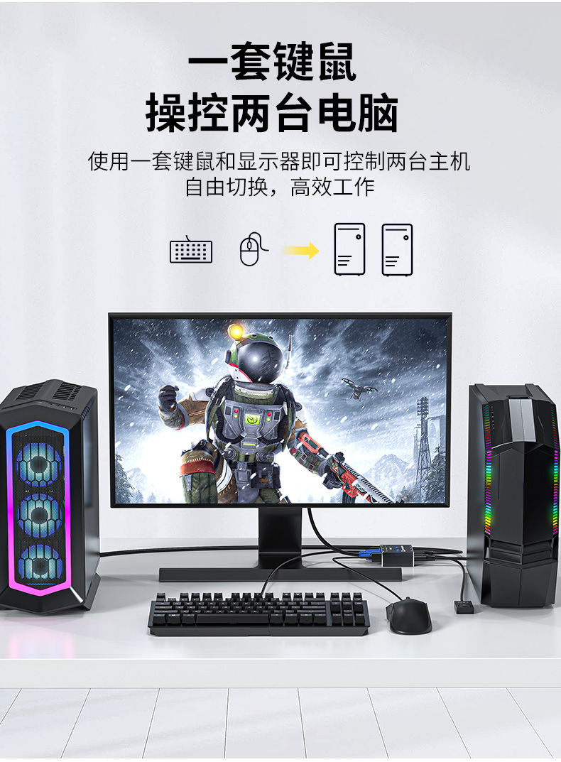 【Q190】晶华VGA+USB口KVM切换器二进一出（带桌面开关）