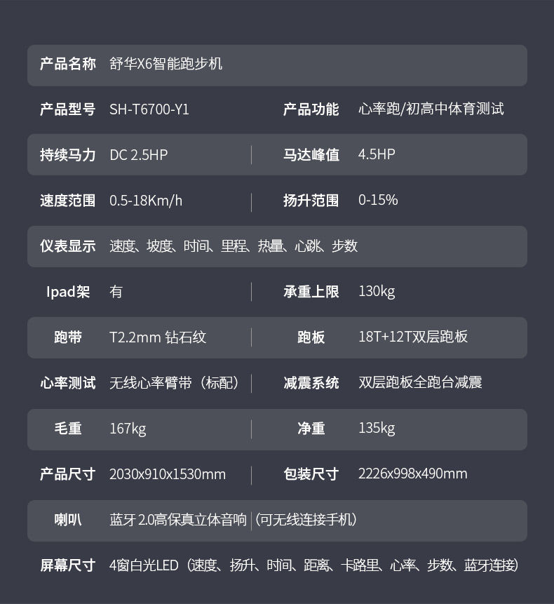 舒华（SHUA）高端跑步机家用X6 豪华健身运动器材健身房专业 SH-T6700-Y1中高考体测版