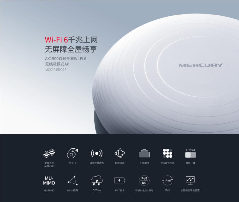 水星 MCXAP1500GP千兆版 WIFI6 1500M 无线吸顶AP