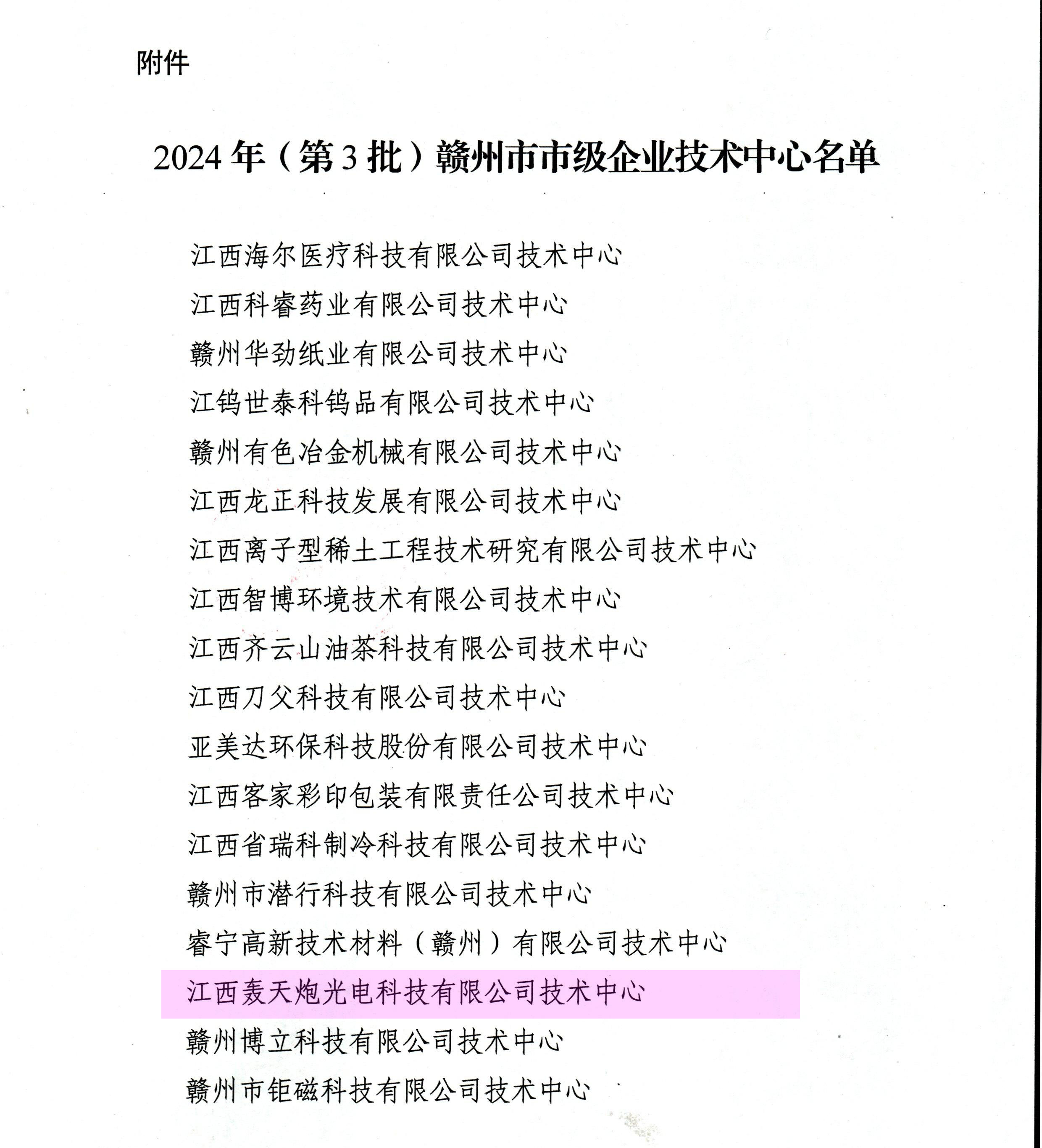 江西轰天炮光电科技荣获2024年(第3批)赣州市市级企业技术中心