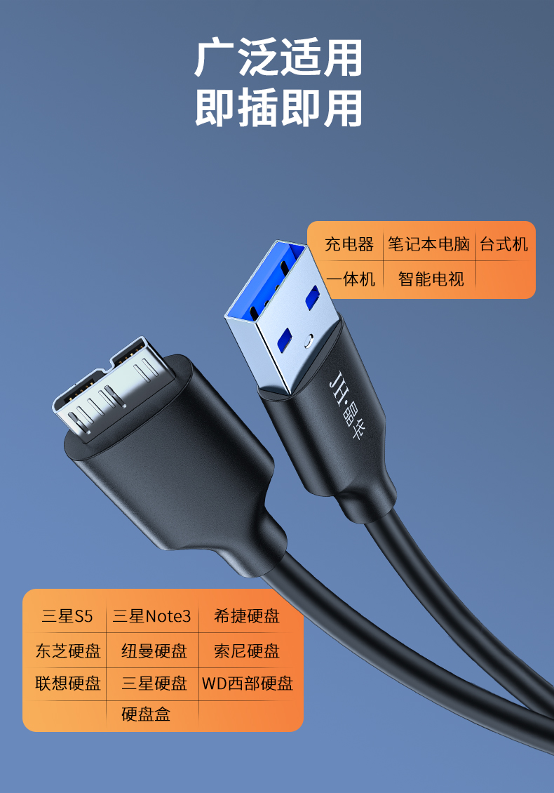 【U655】晶华USB3.0转Micro USB移动硬盘线 1米线长