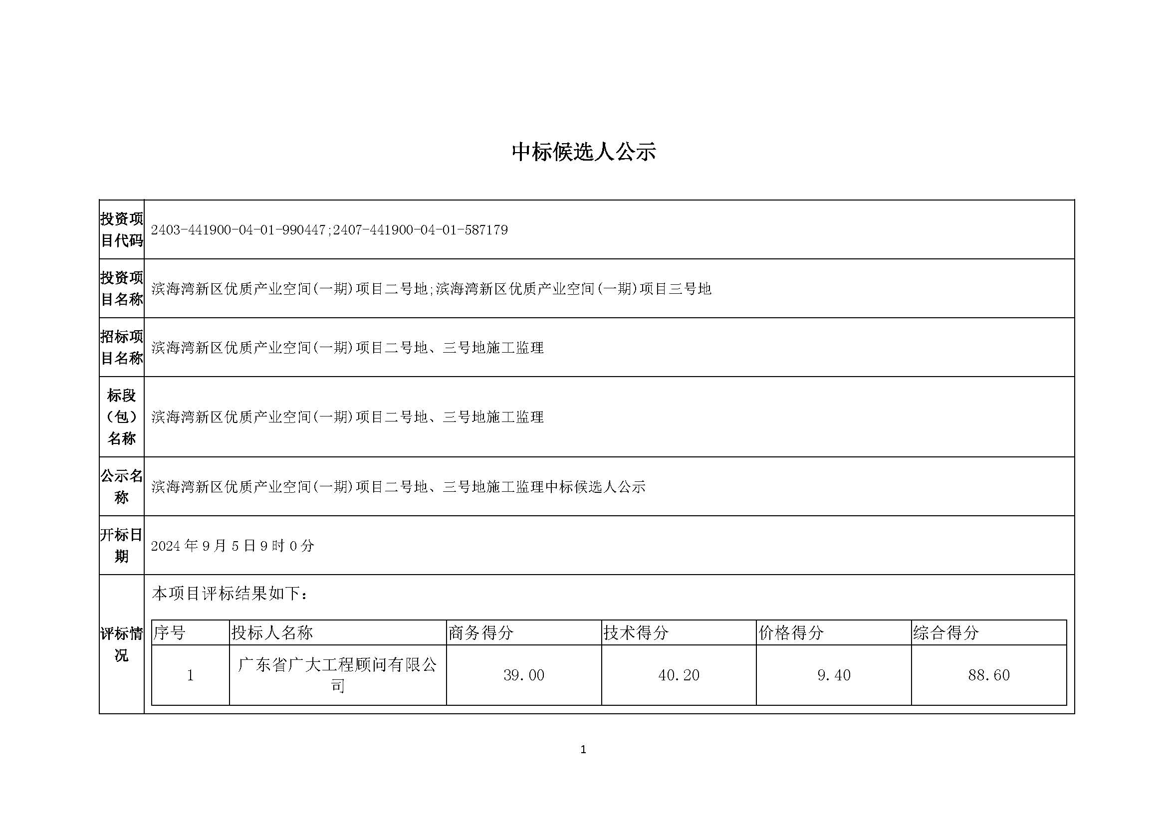 滨海湾新区优质产业空间(一期)项目二号地、三号地施工监理中标候选人公示