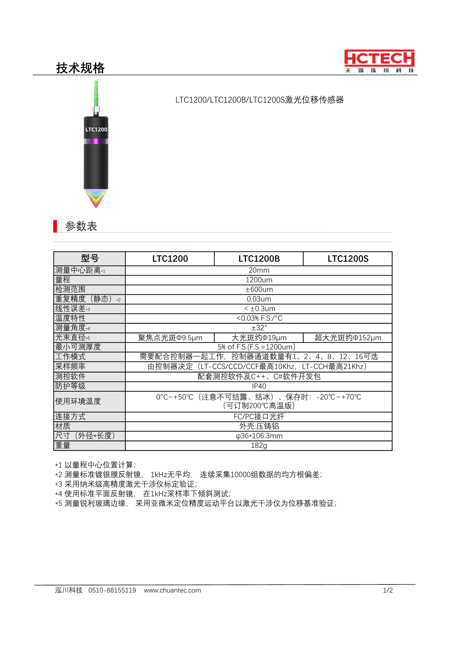 光谱共焦位移传感器LT-C1200探头 测量范围20±0.6mm，线性误差0.3um