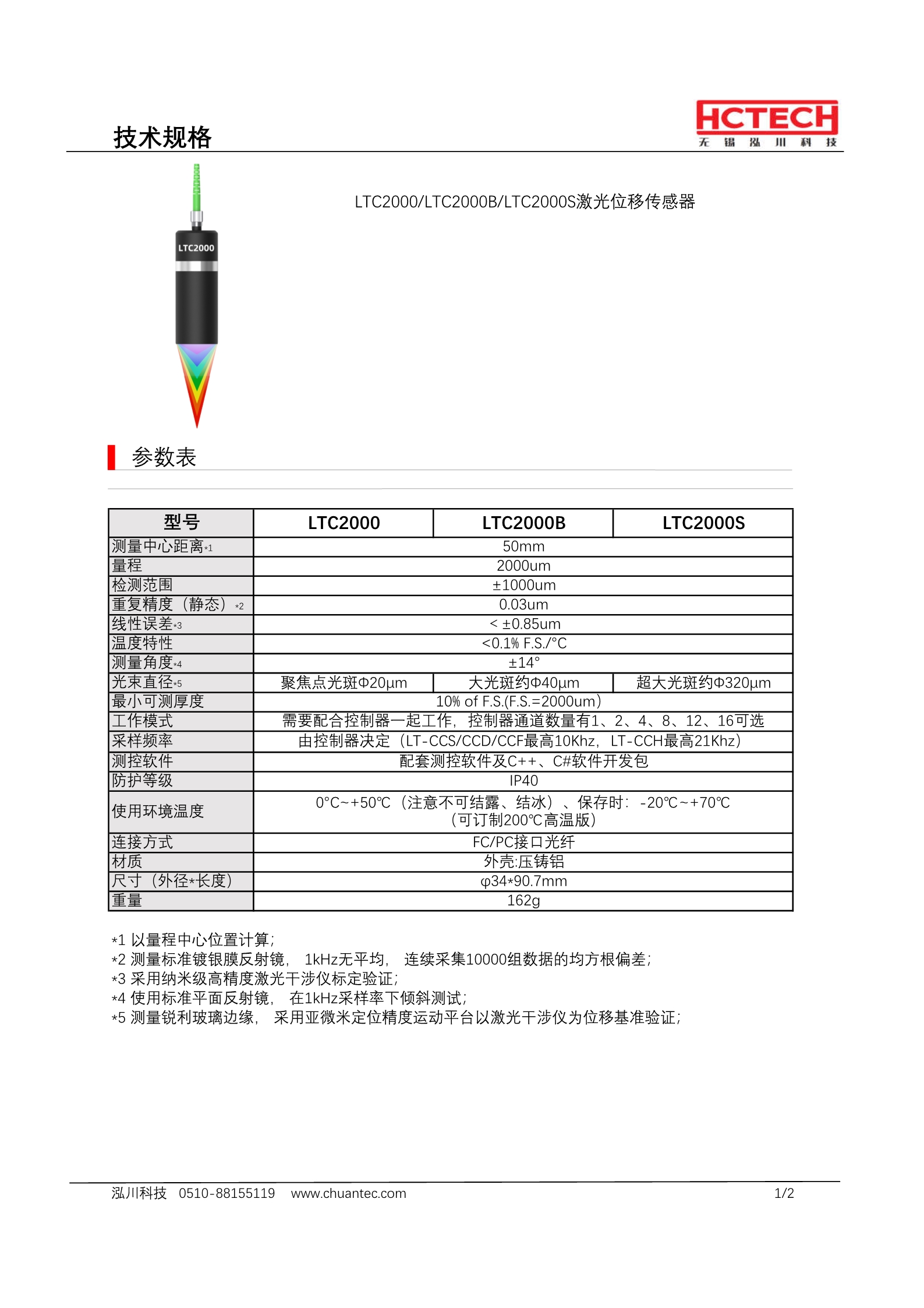 光谱共焦探头LTC2000测量范围50±1mm，线性精度0.6um