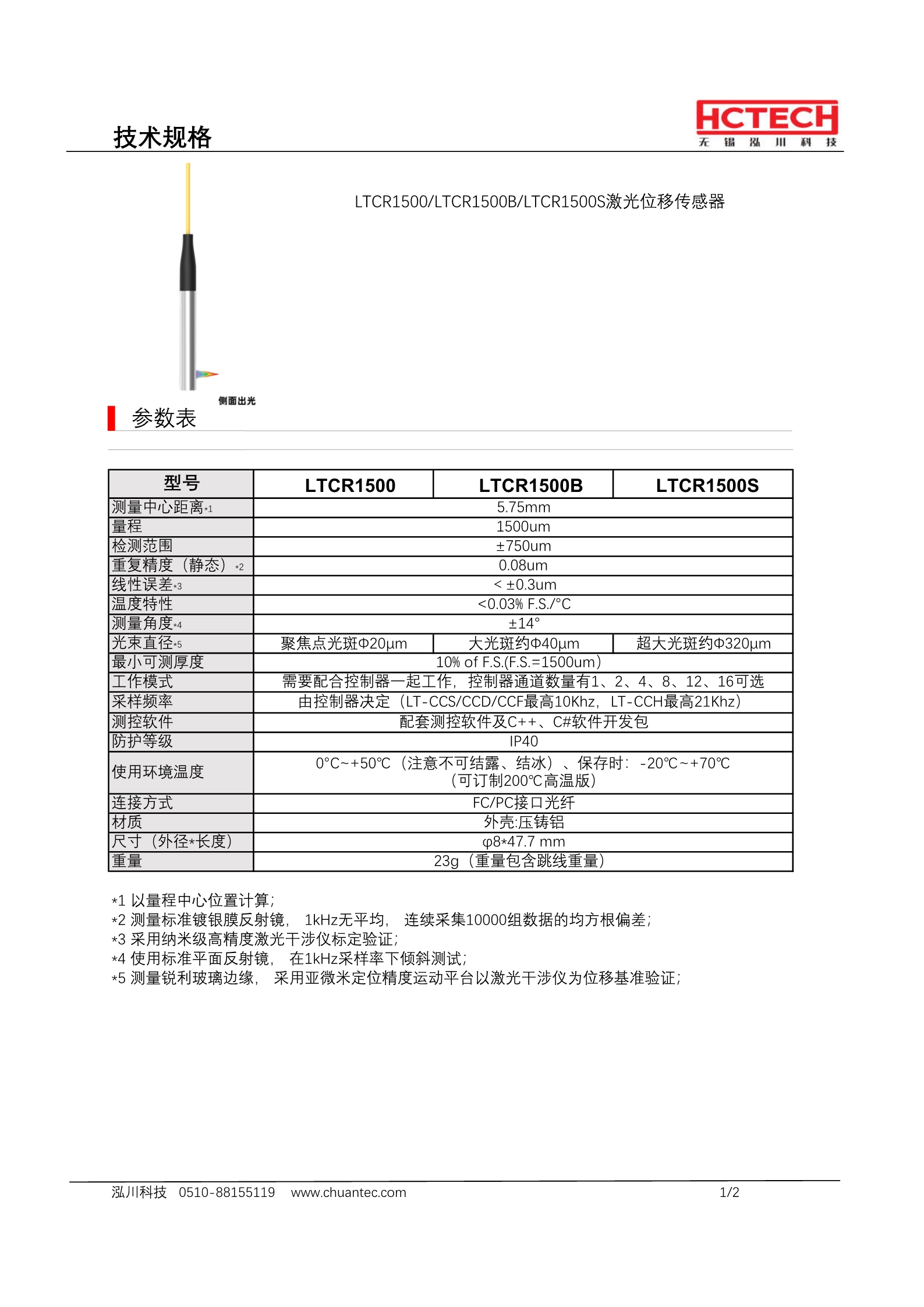 侧出光光谱共焦探头LT-CR1500 测量范围5.75±0.75mm，线性误差0.3um