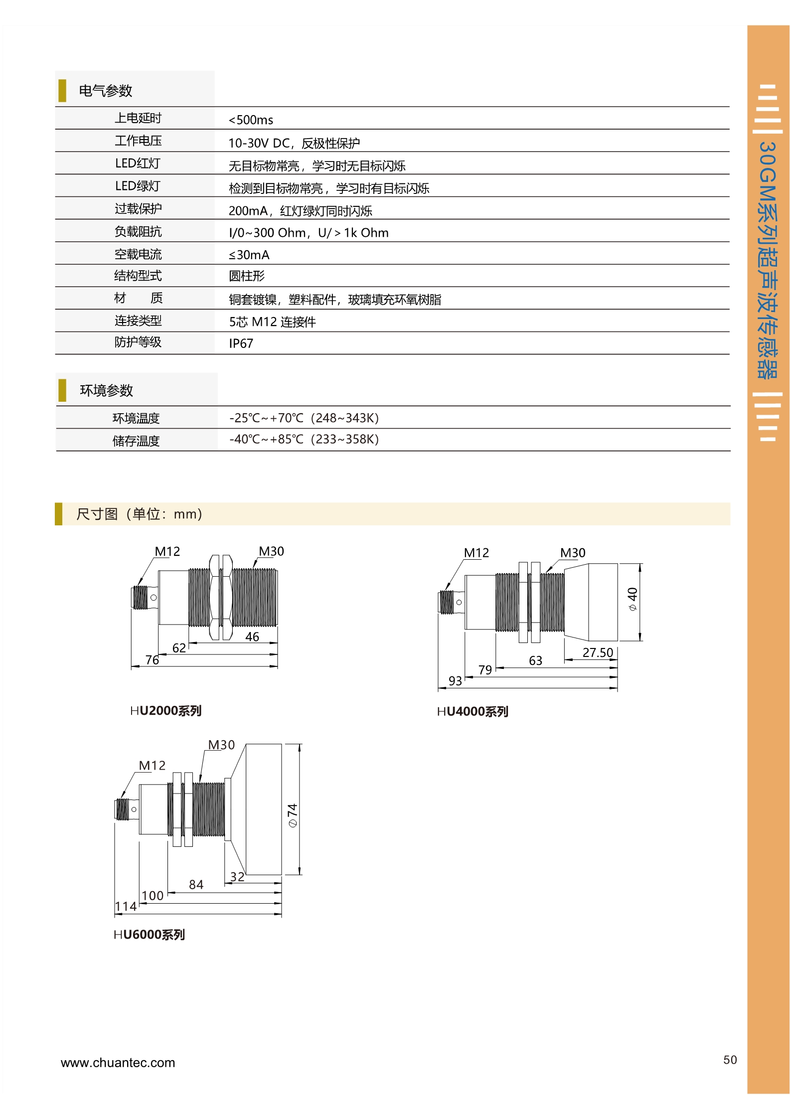 4米测量范围超声波测距传感器UB4000系列