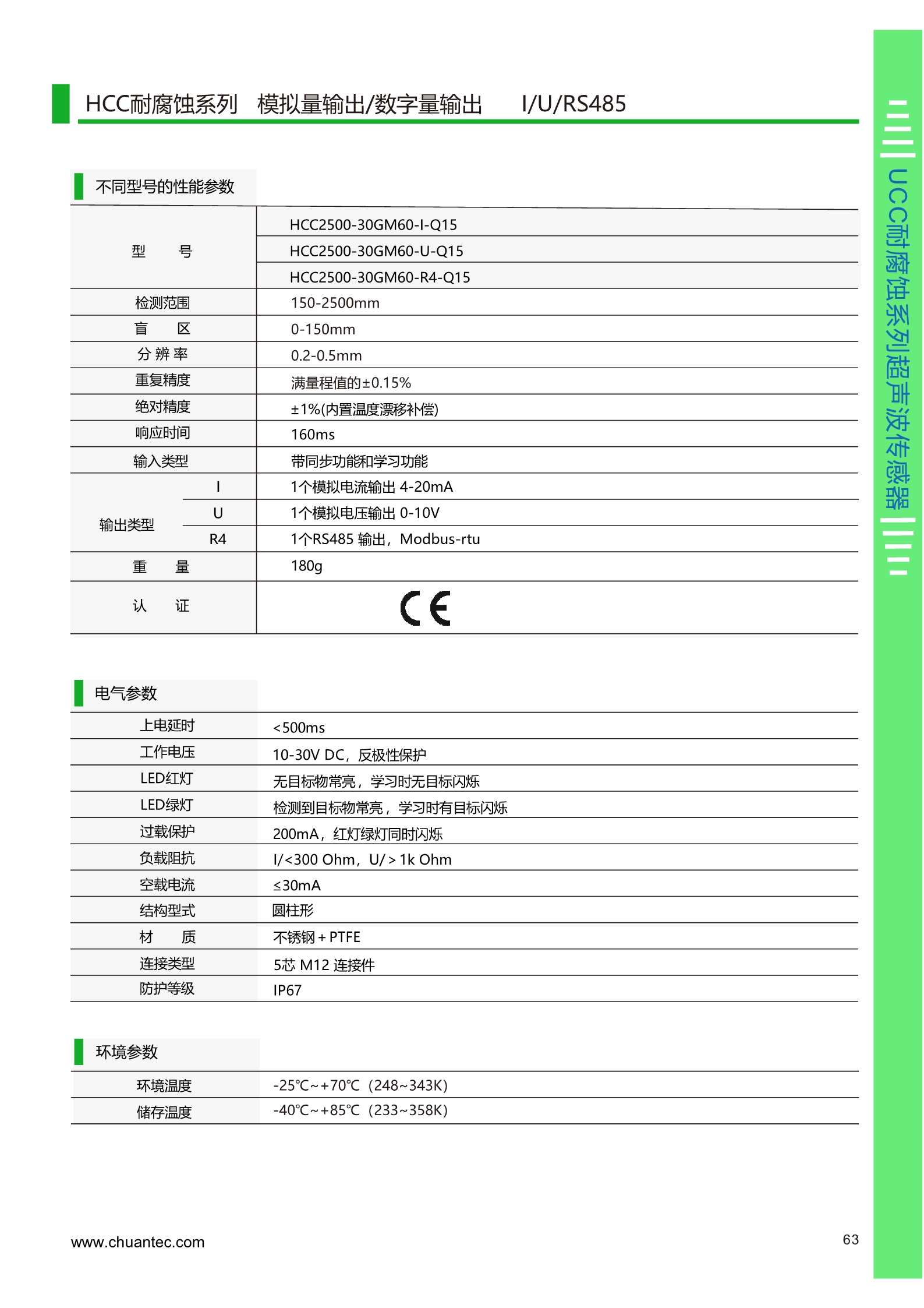 1不锈钢 +PTFE耐腐蚀超声波测距传感器UCC系列