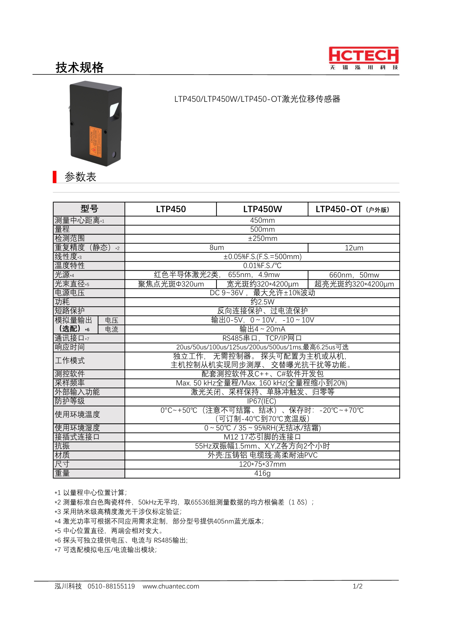 可抗强光适用于户外的大量程高精度激光位移传感器LTP450