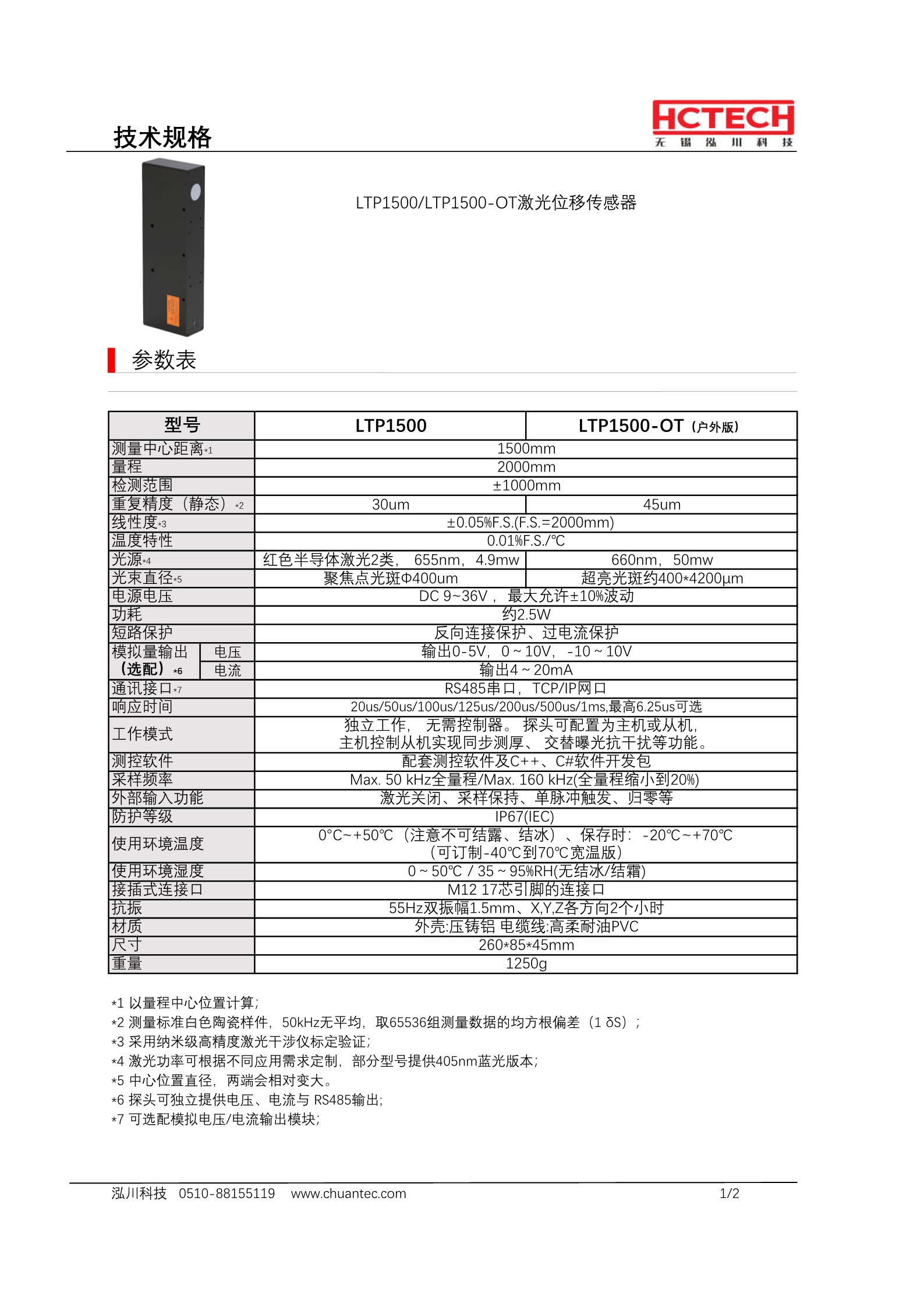 2米超大量程 高精度高速激光位移传感器LTP1500