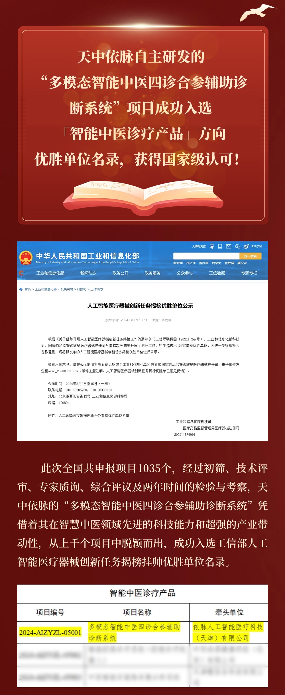 【捷報頻傳】天中依脈獲評國家工信部“人工智能醫(yī)療器械創(chuàng)新任務(wù)揭榜掛帥優(yōu)勝單位”