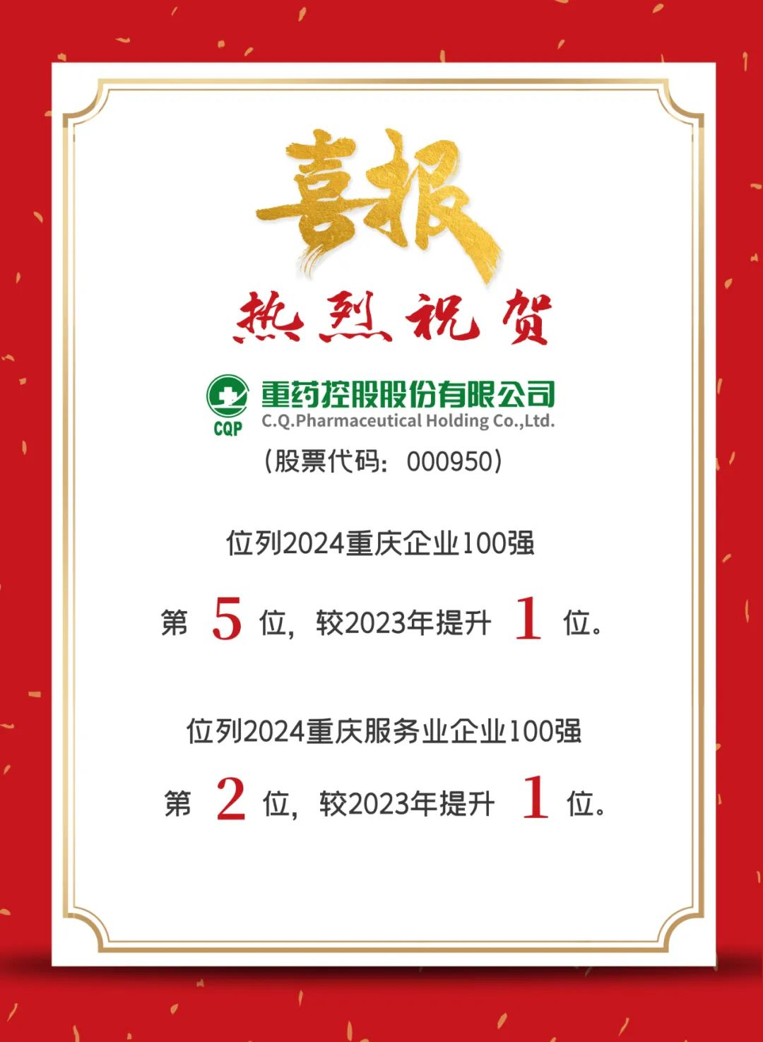 喜报丨重药控股荣列2024重庆企业100强第5位，服务业企业100强第2位