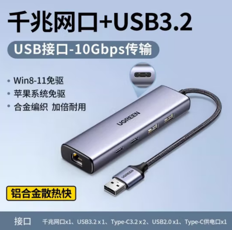 绿联45321-USB-A多功能千兆网卡