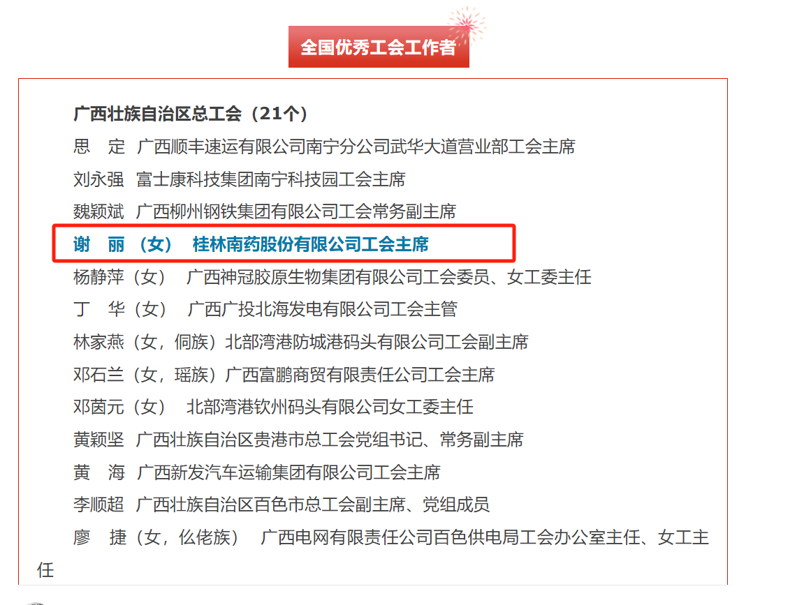 國家級表彰｜桂林南藥工會主席謝麗榮獲全國優(yōu)秀工會工作者稱號