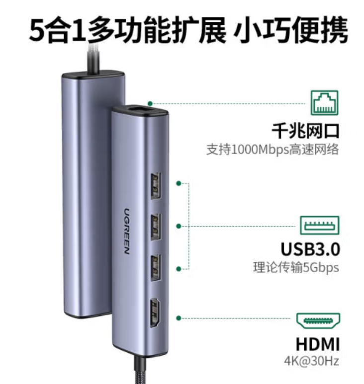 绿联90884-TYPE-C+HDMI+3个USB+RJ45千兆扩展坞