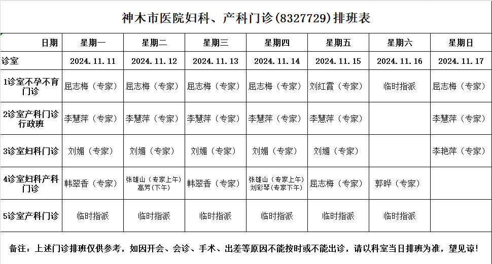 神木市医院门诊各诊室排班表（2024.11.11—2024.11.17）