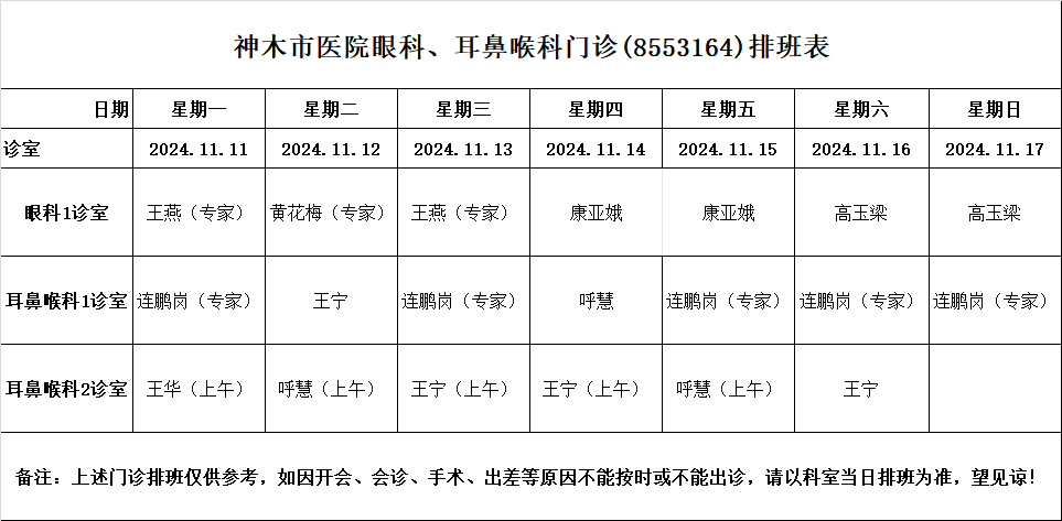 神木市医院门诊各诊室排班表（2024.11.11—2024.11.17）