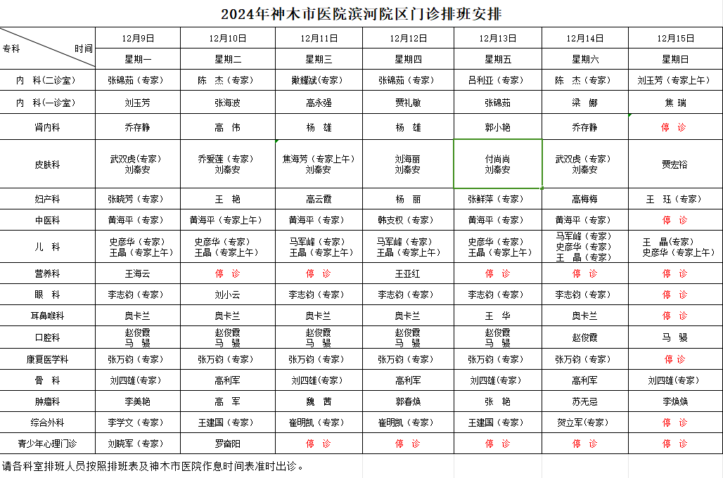 神木市醫(yī)院門診各診室排班表（2024.12.9—2024.12.15）