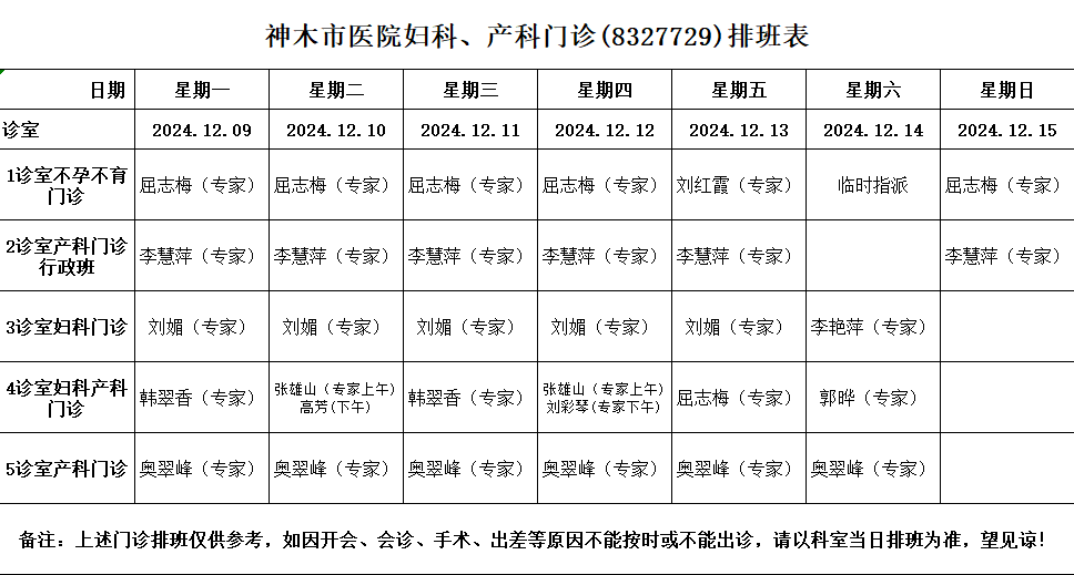 神木市醫(yī)院門診各診室排班表（2024.12.9—2024.12.15）