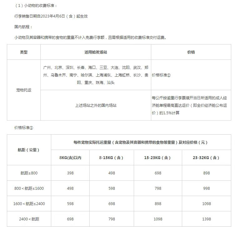 辦理南航寵物隨機(jī)托運(yùn)小動物托運(yùn)收費(fèi)標(biāo)準(zhǔn)