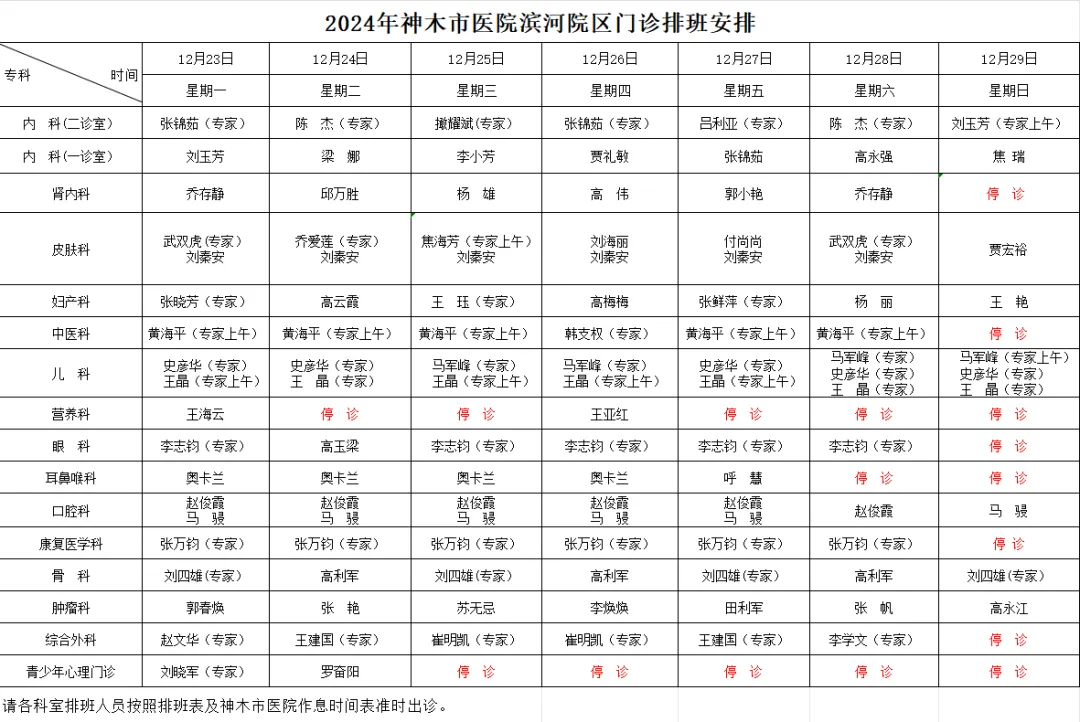 神木市醫(yī)院門診各診室排班表（2024.12.23—2024.12.29）