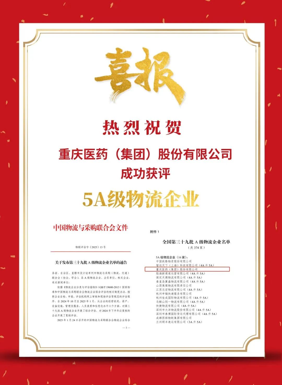 喜报丨通用技术重药控股荣膺5A级物流企业 喜报丨通用技术重药控股荣膺5A级物流企业