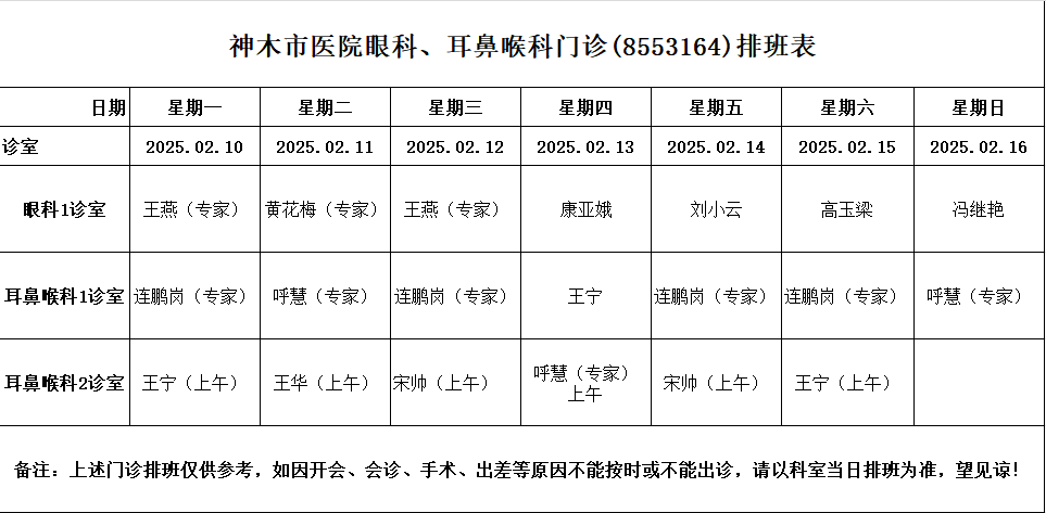 神木市医院门诊各诊室排班表（2025.2.10—2025.2.16）