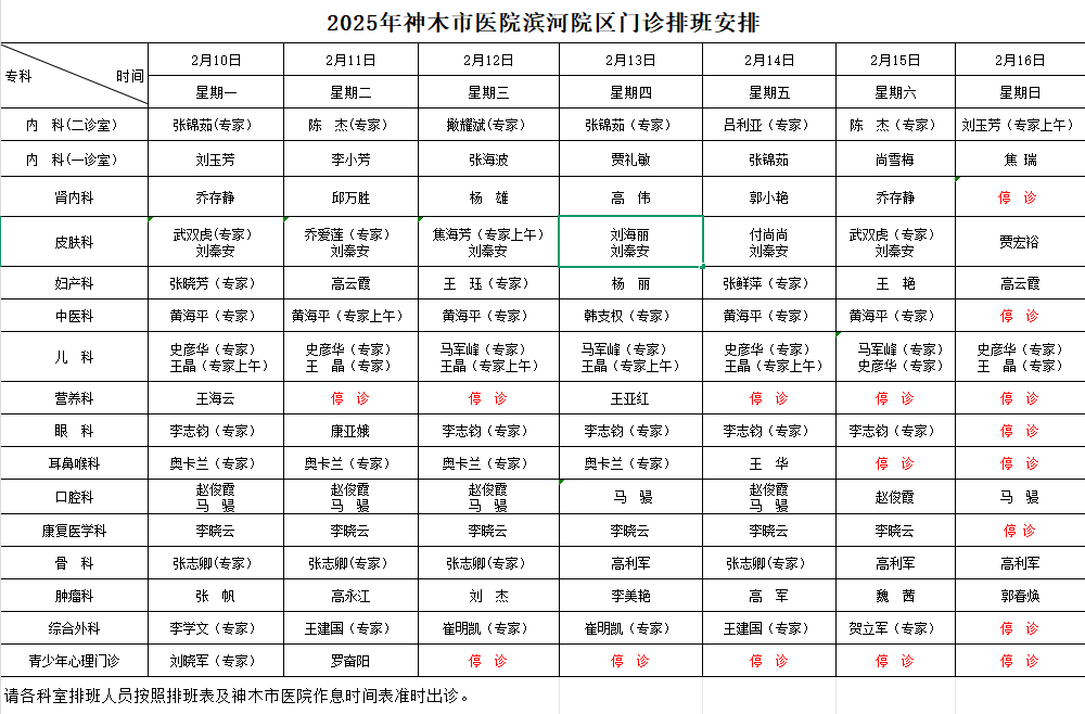 神木市医院门诊各诊室排班表（2025.2.10—2025.2.16）