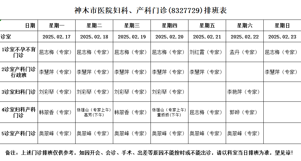 神木市医院门诊各诊室排班表（2025.2.17—2025.2.23）