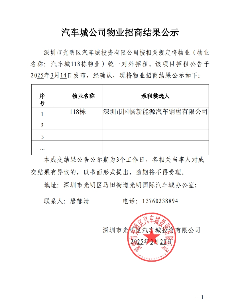 汽车城公司物业招商结果公示-118栋