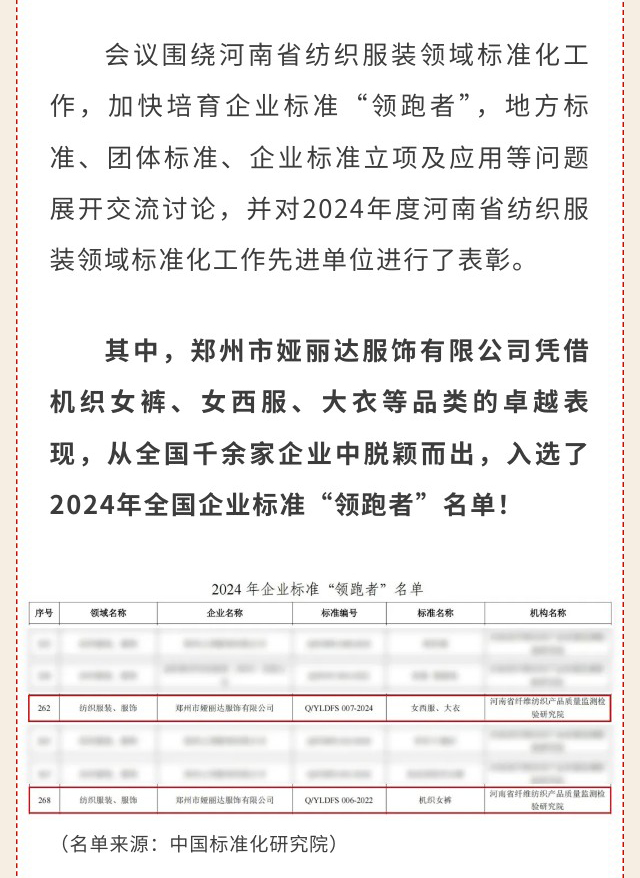 達(dá)NEWS丨重磅喜訊！婭麗達(dá)榮膺2024全國(guó)企業(yè)標(biāo)準(zhǔn)領(lǐng)跑者，機(jī)織女褲等品類(lèi)引領(lǐng)行業(yè)新標(biāo)桿！