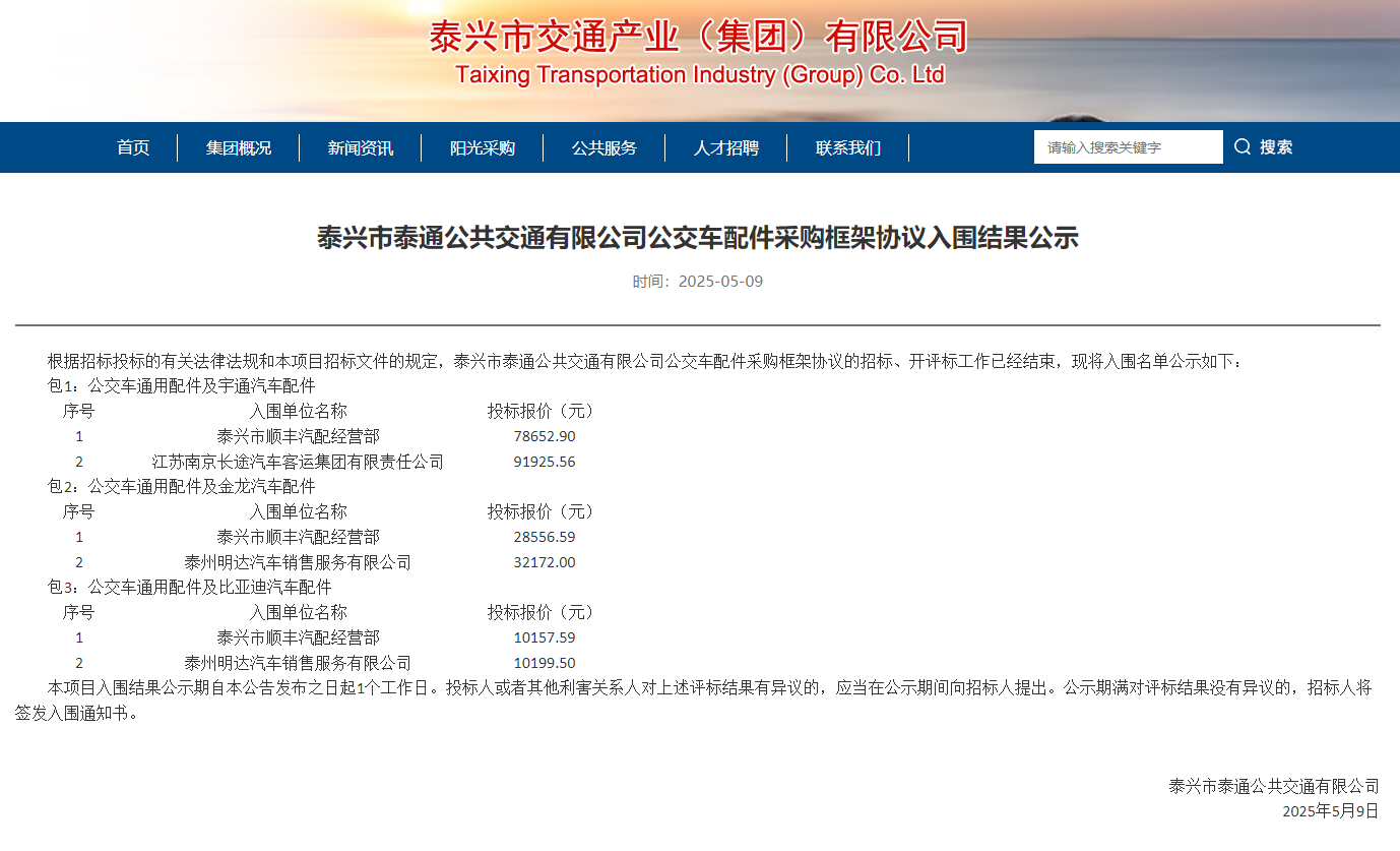 蘇創(chuàng)公司成功入圍泰興市公交車配件采購項目 蘇創(chuàng)公司成功入圍泰興市公交車配件采購項目