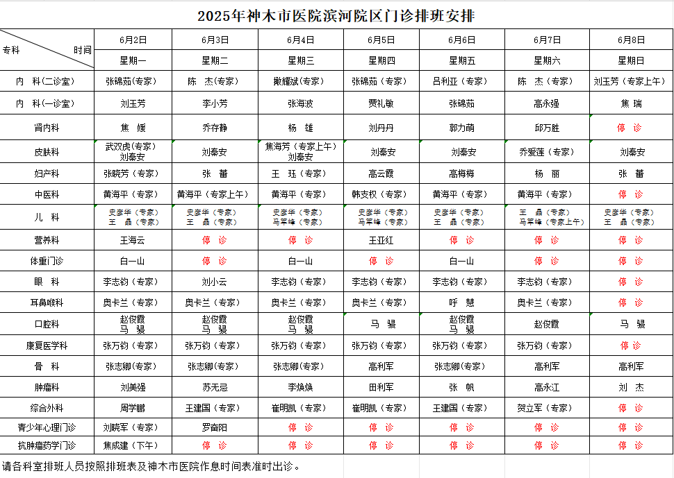 神木市医院门诊各诊室排班表（2025.6.2—2025.6.8） 神木市医院     2025年05月31日 19:27  