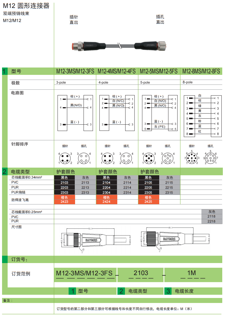 M12 圆形连接器 双端预铸线束-M12-M12 插针直出 插孔直出