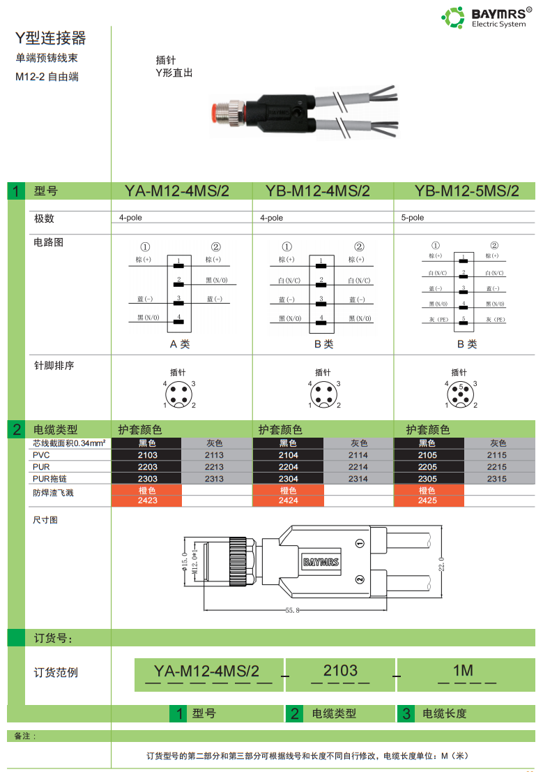 M12 圆形连接器 双端预铸线束-M12-自由端 插针 Y兴直出