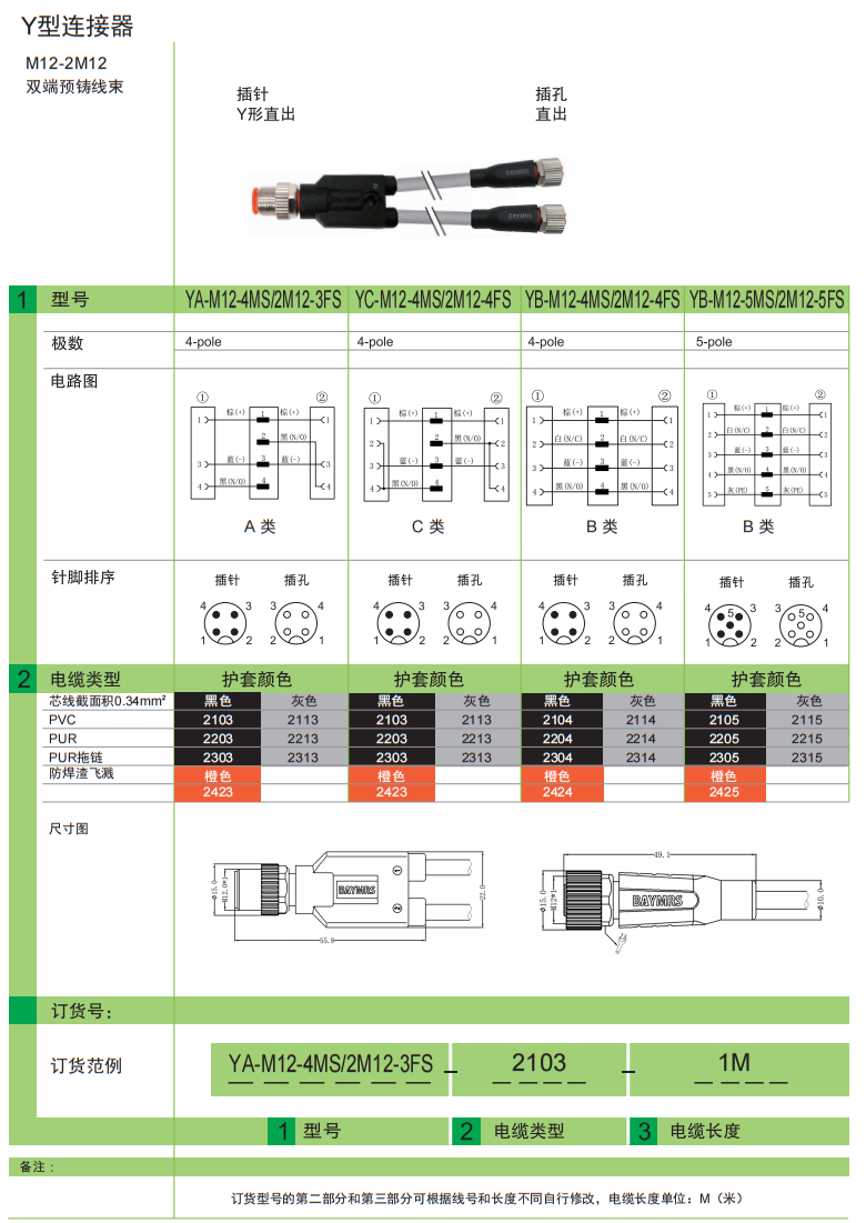 M12 圆形连接器 双端预铸线束-M12-2M12  插针 Y兴直出 插孔直出