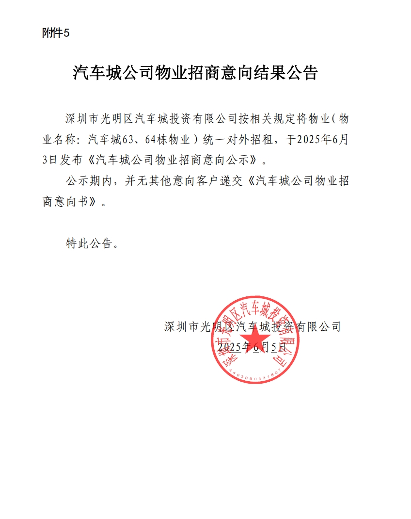 汽车城公司物业招商意向结果公告-63、64栋