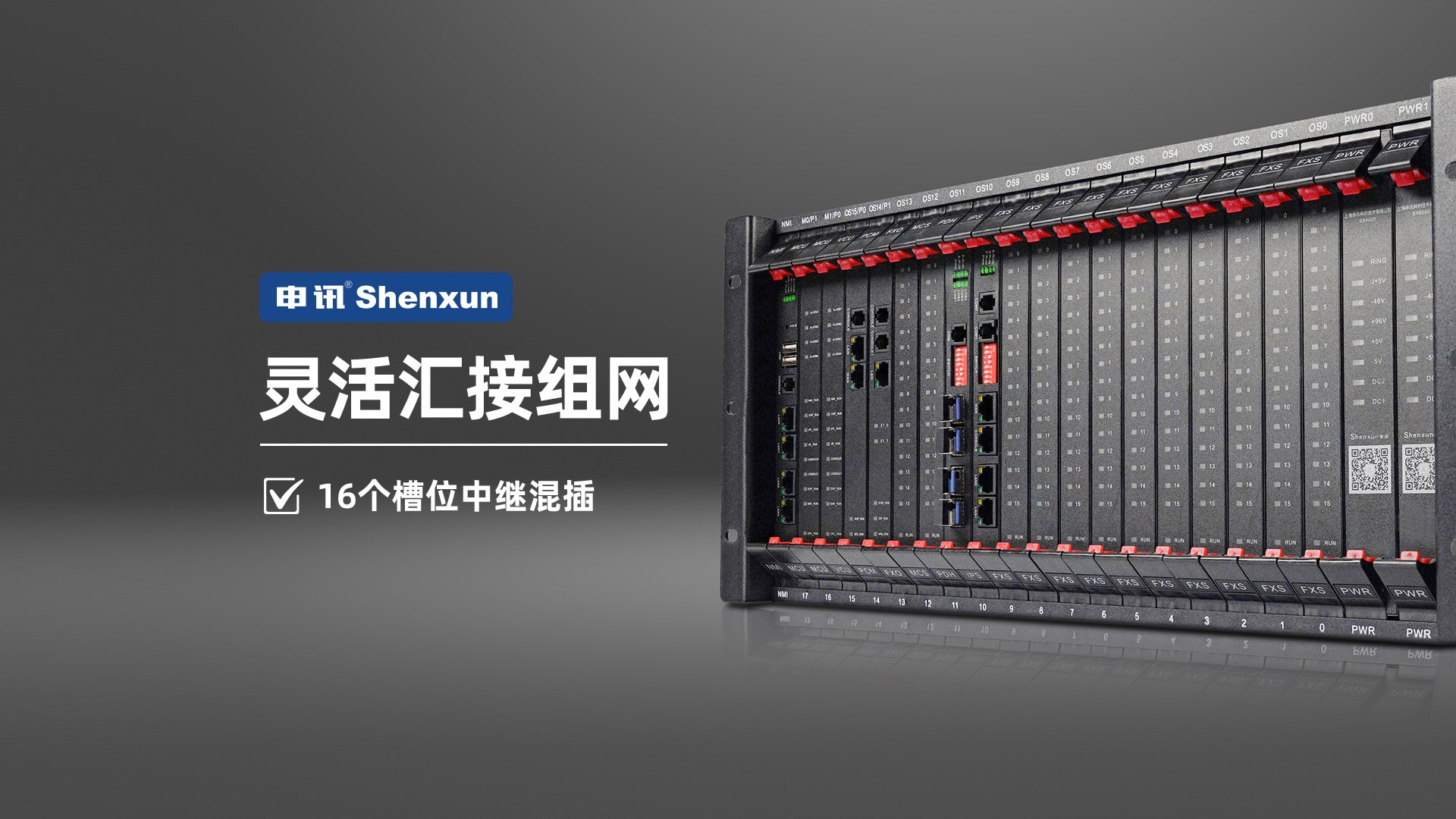 上海申讯研发的融合通信设备具备强大的多业务中继承载能力 创新设计16个槽位业务板混插功能，使集成度较原先提升8倍，为通信效率与稳定性带来质的飞跃。
