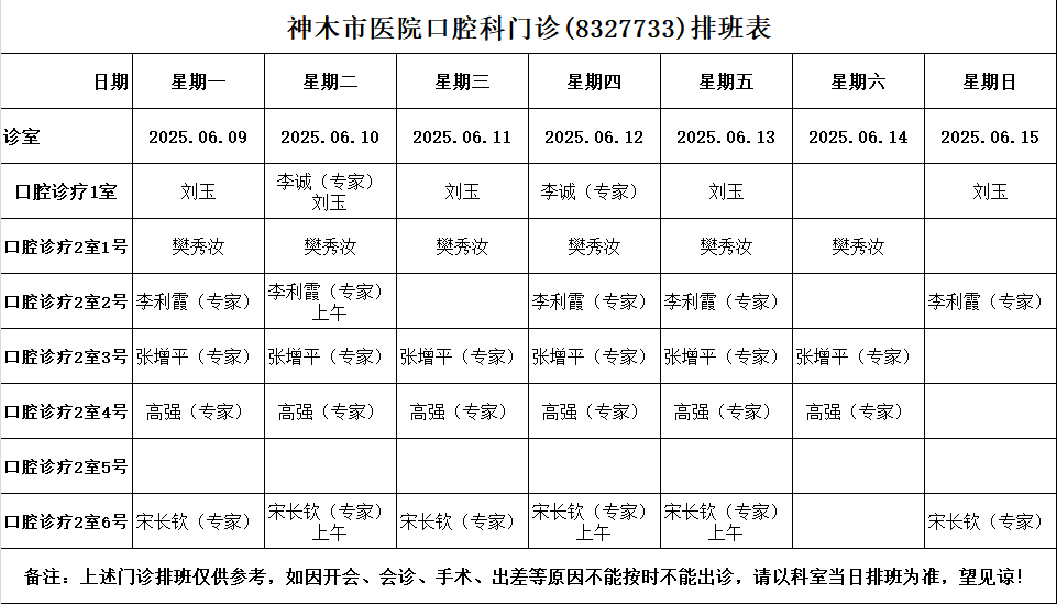 神木市医院门诊各诊室排班表（2025.6.9—2025.6.15）
