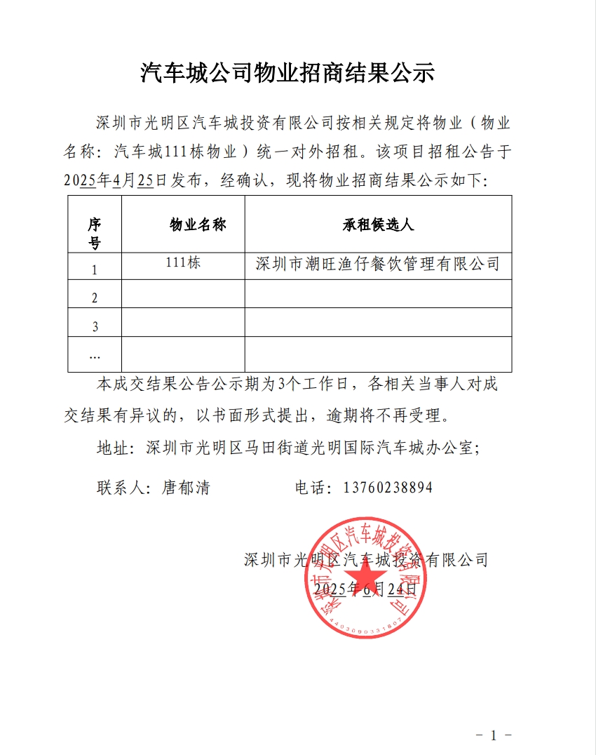汽车城公司物业招商结果公示-111栋