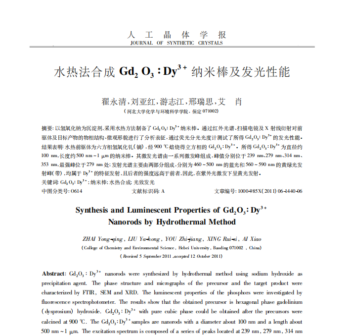 水热法合成 Gd2 O3 ∶ Dy3 + 纳米棒及发光性能