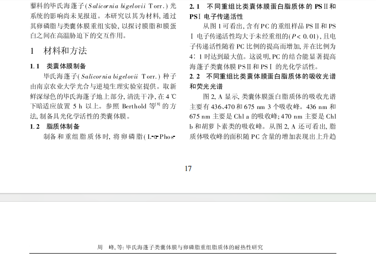 畢氏海蓬子類囊體膜與卵磷脂重組脂質(zhì)體的耐熱性研究