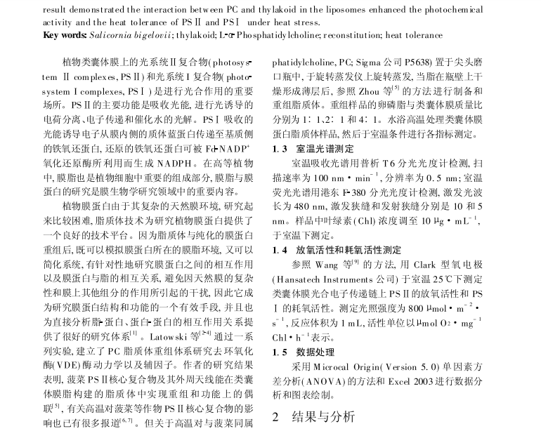 畢氏海蓬子類囊體膜與卵磷脂重組脂質(zhì)體的耐熱性研究