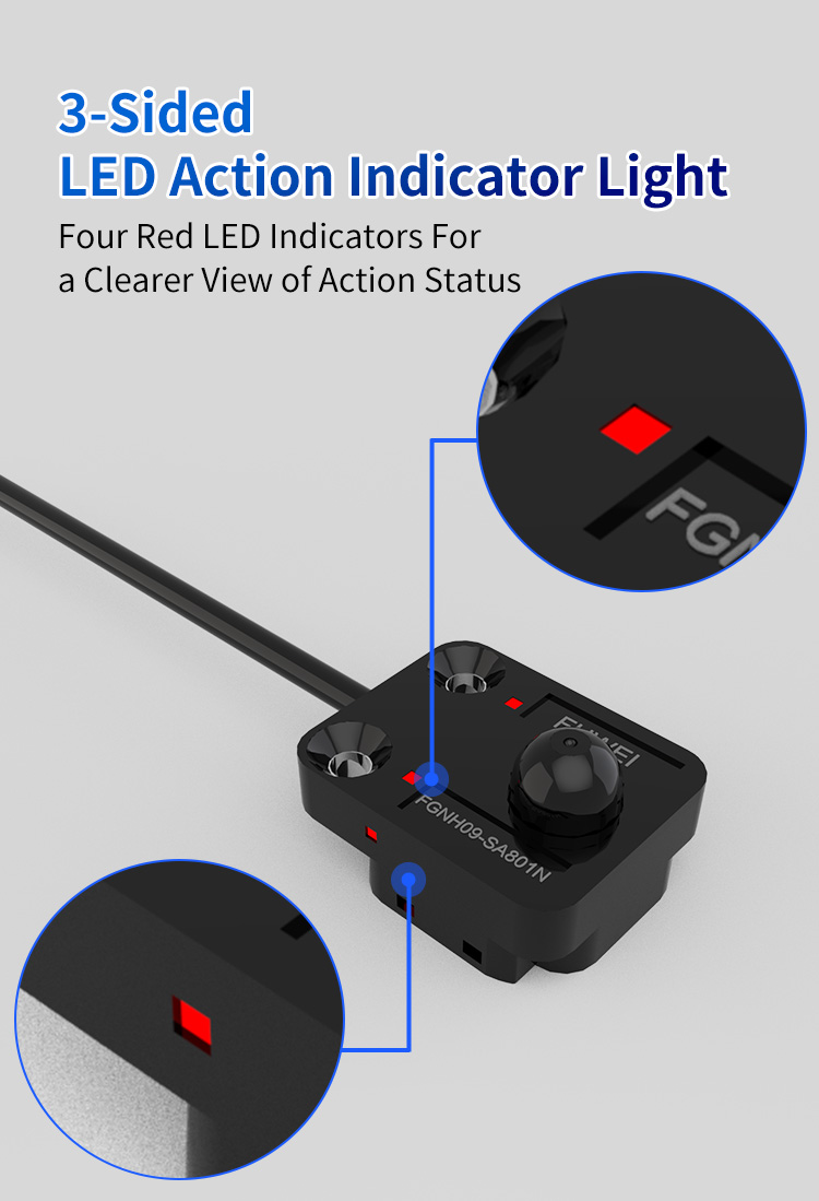 Precise detection of multiple materials, long-lasting durability, and easy observation — Miniature photoelectric sensor FGNH09-SA801N Precise detection of multiple materials, long-lasting durability, and easy observation — Miniature photoelectric sensor FGNH09-SA801N