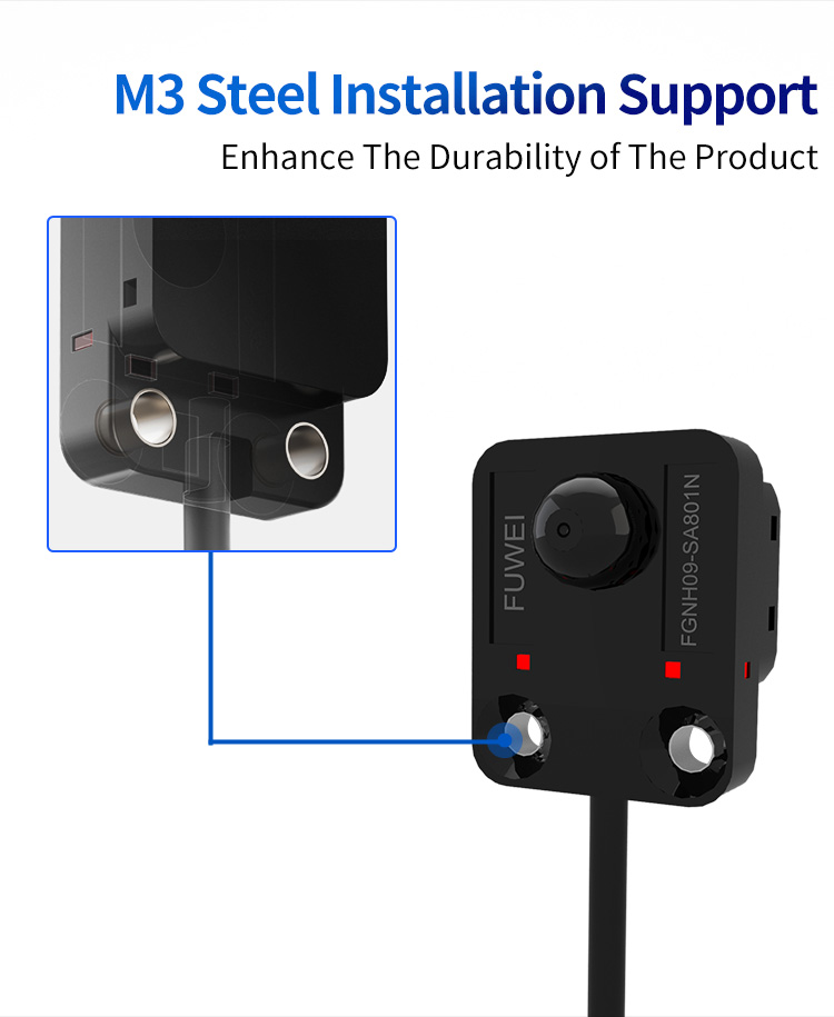 Precise detection of multiple materials, long-lasting durability, and easy observation — Miniature photoelectric sensor FGNH09-SA801N Precise detection of multiple materials, long-lasting durability, and easy observation — Miniature photoelectric sensor FGNH09-SA801N
