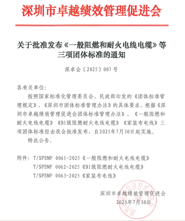 关于批准发布《一般阻燃和耐火电线电缆》等三项团体标准的通知