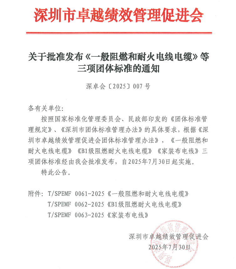 关于批准发布《一般阻燃和耐火电线电缆》等三项团体标准的通知